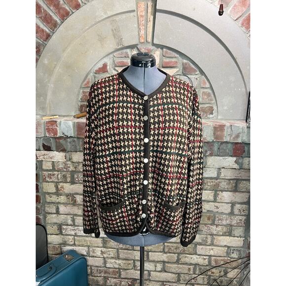 Cardigan sweater italian houndstooth brown tan red pocket - Picture 1 of 11
